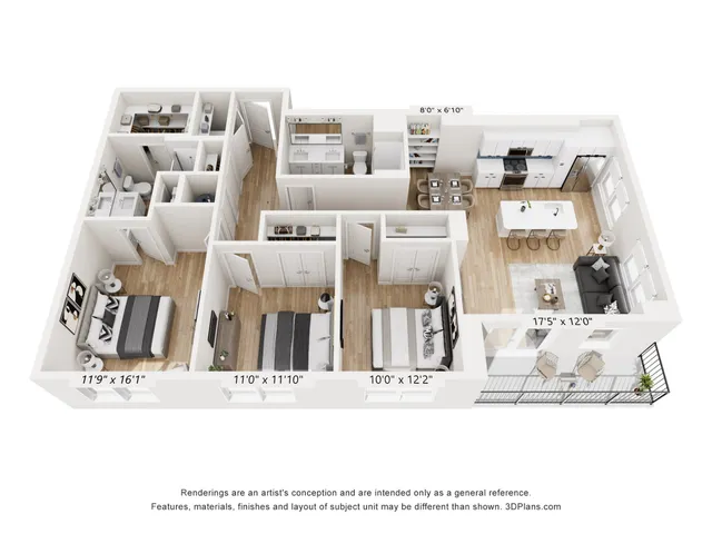 Contemporary 3D floor plan showcasing a spacious apartment with 3 bedrooms, a modern kitchen, cozy living area, and a balcony for outdoor relaxation.
