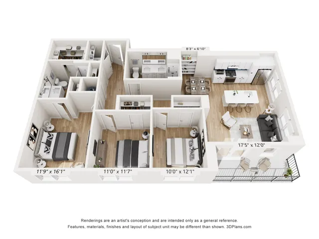 Contemporary 3D floor plan showcasing a spacious 3-bedroom apartment with open living and dining area, modern kitchen, and private balcony.