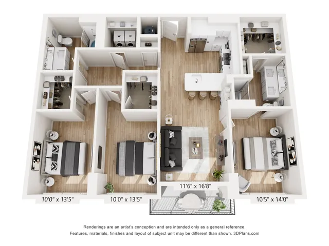 Modern 3-bedroom apartment floor plan with spacious living room, stylish kitchen with island, two bathrooms, and a cozy balcony.