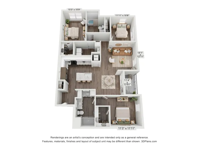 Modern 3D floor plan showcasing three bedrooms, stylish open-concept living space, and a chic kitchen with island seating.