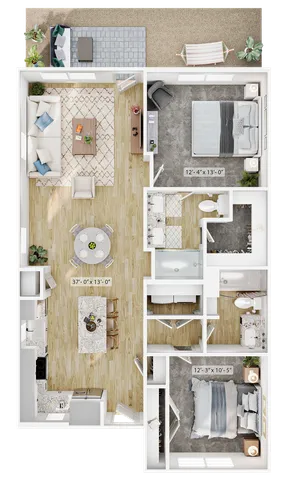 Contemporary floor plan showcasing 2 spacious bedrooms, elegant open-concept living and dining area, modern kitchen with island, and inviting outdoor patio with seating and hammock.