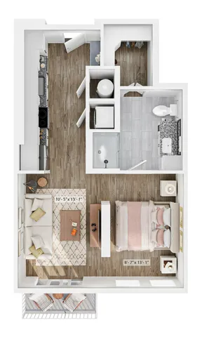 Chic floor plan showcasing a cozy one-bedroom apartment with an open living room, stylish kitchen, modern bathroom, and a private balcony.