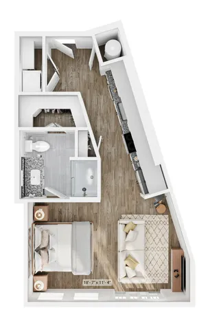 Modern open-concept studio apartment floor plan showcasing a spacious living area, sleek kitchen with granite countertops, cozy bedroom space, and elegant bathroom layout.