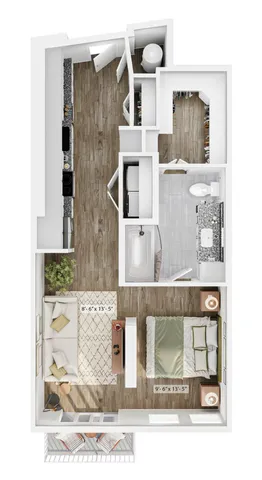 Modern 2D floor plan featuring one bedroom, a cozy living space, stylish kitchen, and elegant bathroom with spacious closet.