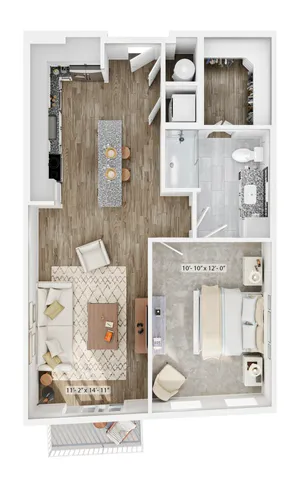 Chic 1-bedroom apartment floor plan showcasing a modern open kitchen with island, inviting living space, and elegant bathroom.