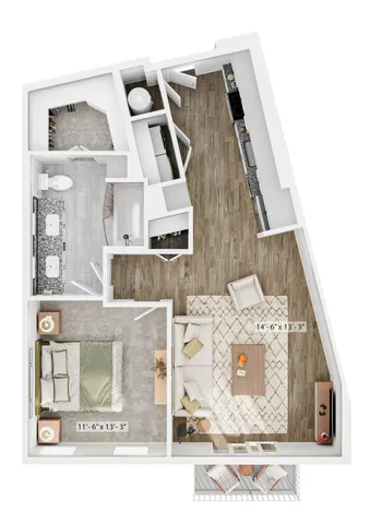 Modern 2D floor plan showcasing 1 bedroom, spacious living area with stylish furniture, sleek kitchen, and elegant bathroom.