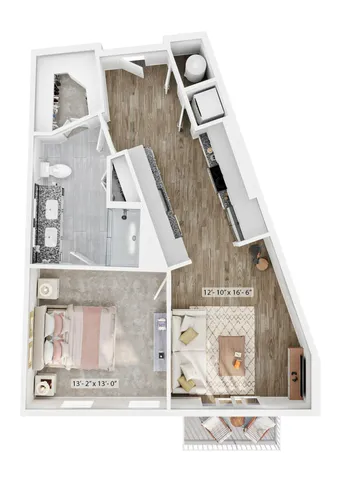 Elegant 1-bedroom floor plan showcasing an open-concept living area, modern kitchen, and luxurious bathroom. Features a cozy balcony for outdoor relaxation.