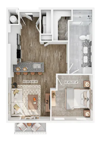 Modern floor plan featuring one-bedroom, open-concept living area, sleek kitchen with island seating, spacious bathroom, and cozy balcony space.