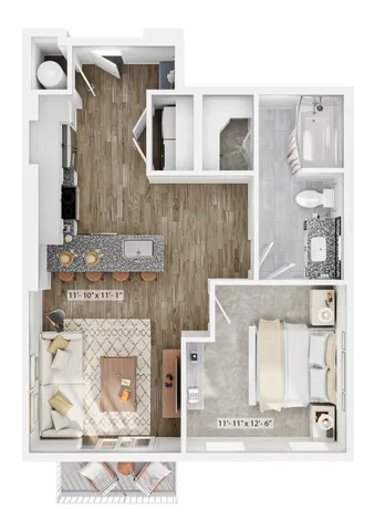 Modern 1-bedroom apartment floor plan featuring an open-concept living area, stylish kitchen with island seating, and a private balcony.
