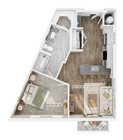 Modern floor plan featuring a spacious bedroom, sleek bathroom, open-concept kitchen with a breakfast bar, and a cozy living area, complemented by a private balcony.