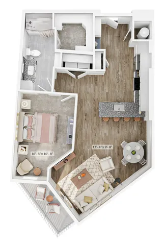 Elegant 3D floor plan showcasing a spacious one-bedroom apartment with an open-concept living room, modern kitchen, and inviting balcony.