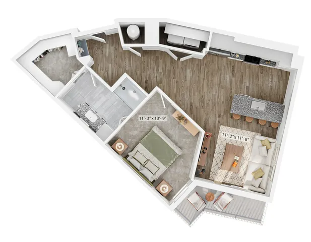 Modern apartment floor plan featuring one bedroom, open kitchen with island, cozy living area, stylish bathroom, and private balcony.