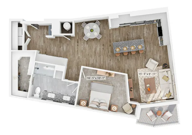 Contemporary 2D floor plan featuring a spacious bedroom, sleek open-concept kitchen with island seating, inviting living area, and elegant balcony.