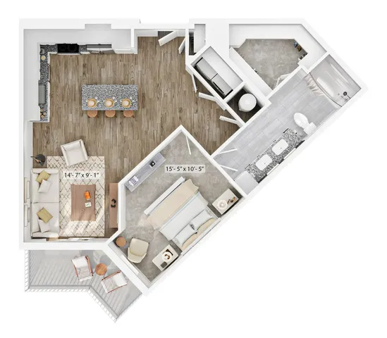 Modern apartment floor plan featuring an open-concept kitchen with island seating, cozy living area, spacious bedroom, luxurious bathroom, and inviting balcony.
