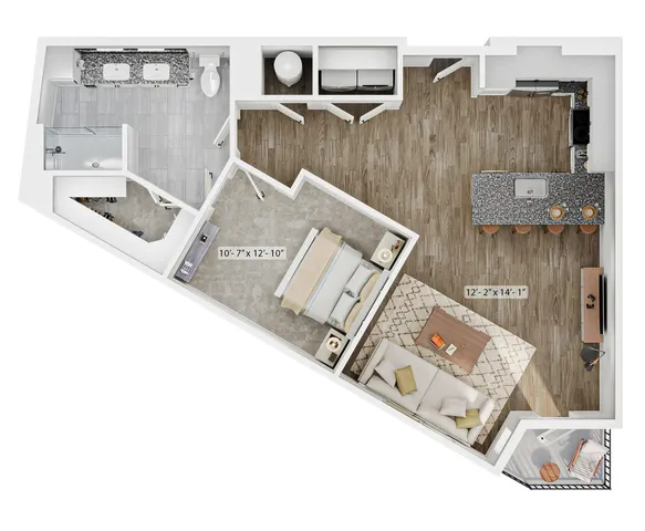 Modern 3D floor plan of a chic one-bedroom apartment featuring a spacious open-concept living area, elegant kitchen with island seating, and a luxurious bathroom.