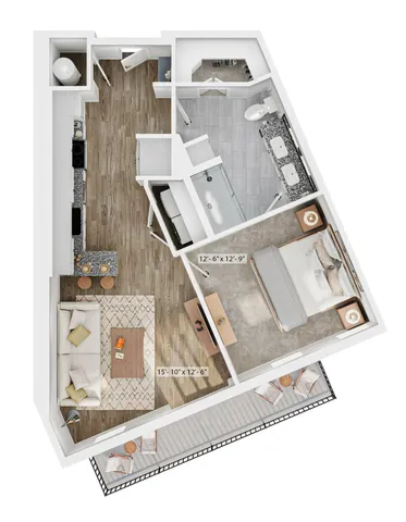 Modern one-bedroom apartment floor plan featuring open-concept living space, stylish kitchen, luxurious bathroom, and spacious balcony.