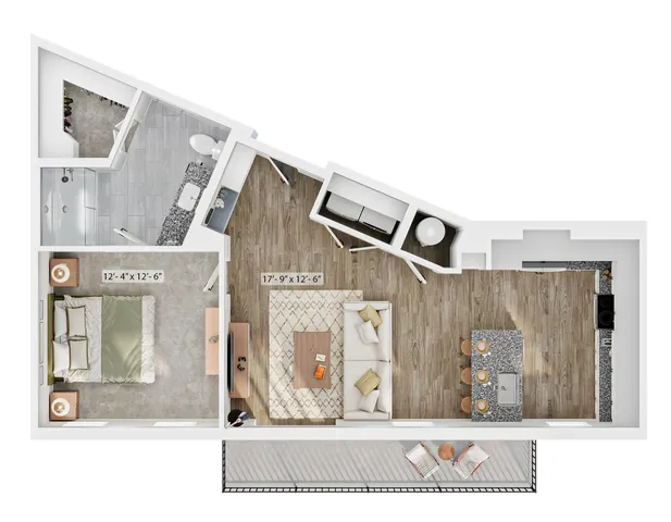Contemporary 2D floor plan showcasing 1 bedroom, a modern open-plan living and kitchen area, and an inviting balcony.