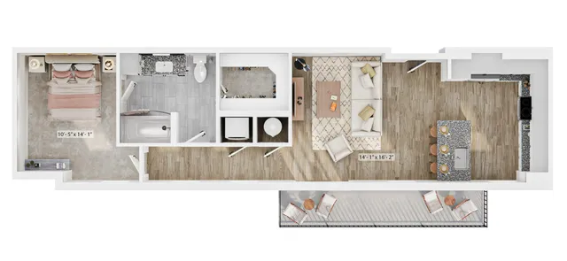 Chic 1-bedroom apartment floor plan with modern open-concept living and kitchen area, elegant balcony space, and stylish bathroom.