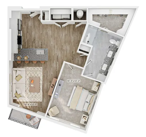 Modern open-concept floor plan with a spacious kitchen, inviting living area, elegant bedroom, and well-appointed bathroom.