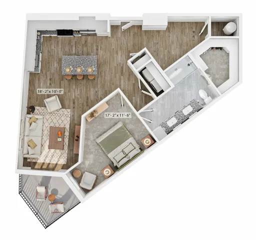 Unique floor plan showcasing a modern single bedroom with open-concept kitchen and living area, featuring sleek furnishings and a stylish bathroom.