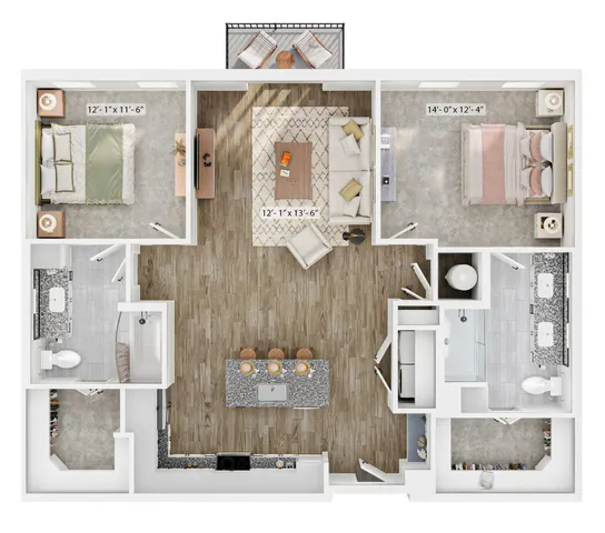 Modern floor plan showcasing spacious 2-bedroom apartment with open-concept living area, stylish kitchen with island, and two well-appointed bathrooms.
