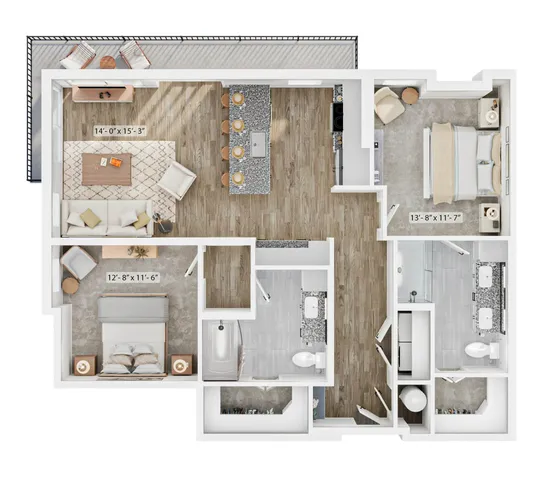 Modern 2-bedroom floor plan with spacious open-concept living room, sleek kitchen island, and private balcony.