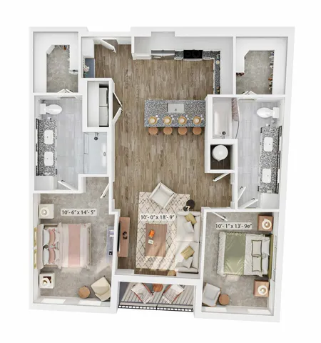 Modern floor plan showcasing 2 cozy bedrooms, spacious open-concept living area, sleek kitchen with island, and dual luxurious bathrooms.
