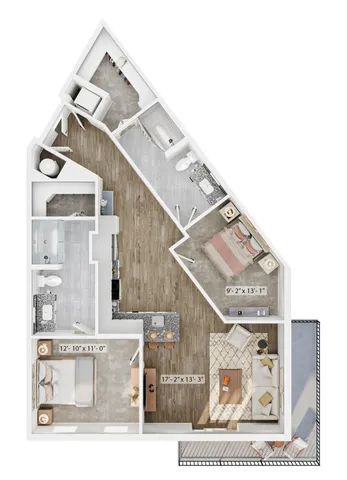 Modern 2D floor plan with two bedrooms, spacious living room, chic kitchen, two bathrooms, and a cozy balcony.