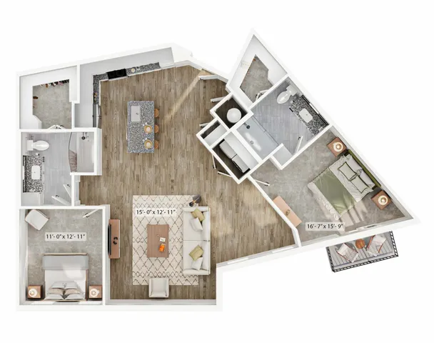 Modern floor plan showcasing a 2-bedroom apartment with an open-concept living room, stylish kitchen, and two elegant bathrooms.