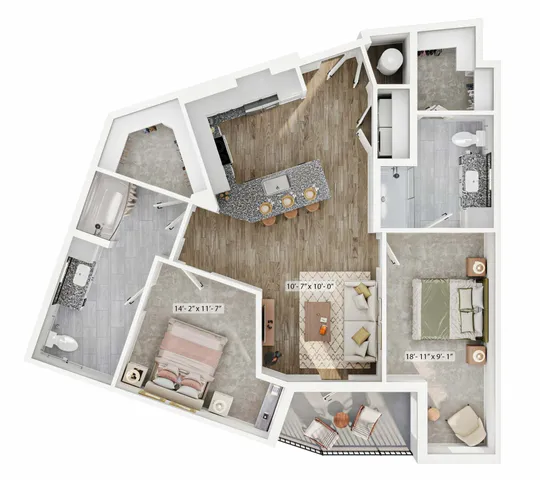 Modern floor plan featuring an open kitchen with a breakfast bar, a cozy living room, two stylish bedrooms, two elegant bathrooms, and a chic balcony area.