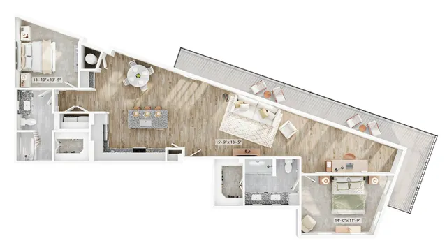 Chic floor plan showcasing two spacious bedrooms, a modern kitchen island, and an inviting living area with balcony access.