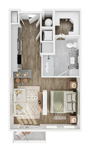 Elegant floor plan featuring a cozy living room, modern kitchen with breakfast bar, spacious bedroom, and stylish bathroom. Perfect layout for comfortable living.