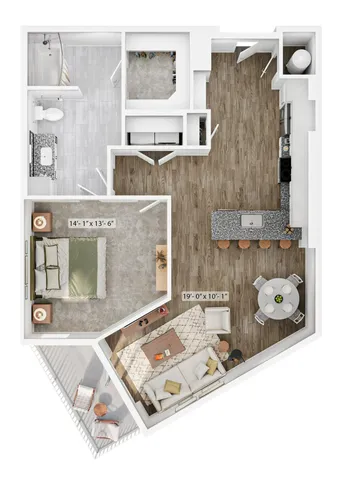 Inviting 3D floor plan showcasing a spacious one-bedroom apartment with a stylish open-concept kitchen, cozy living area, modern bathroom, and private balcony.