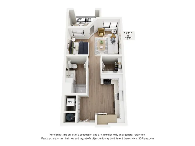 Modern 3D floor plan showcasing a cozy 1-bedroom apartment with an open-concept living area, stylish kitchen, and private balcony.