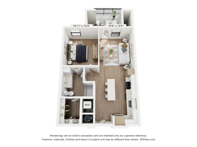 Elegant open floor plan featuring one bedroom with a modern kitchen, cozy living area, and a chic balcony view. Includes a stylish bathroom and integrated laundry space.
