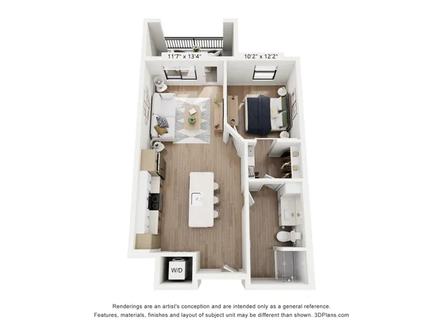 Contemporary 3D floor plan featuring a cozy 1 bedroom with an en-suite bathroom, bright open-concept living room, sleek kitchen, and charming balcony.