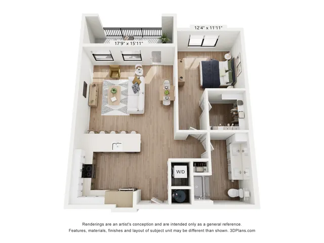 Contemporary 3D floor plan showcasing a stylish one-bedroom apartment with an open-concept living area, modern kitchen with breakfast bar, and spacious bathroom. Natural light enhances the warm interior design.