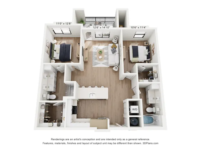 Modern 3D floor plan showcasing a chic 2-bedroom apartment with open-concept living area, stylish kitchen island, and two elegant bathrooms. Includes a cozy balcony space for relaxation.