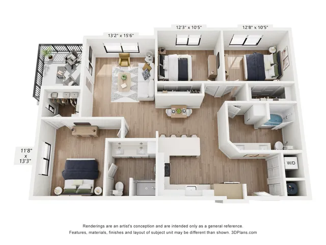 Modern 3D floor plan showcasing 3 bedrooms, an inviting open-concept living area, sleek kitchen, and private balcony.