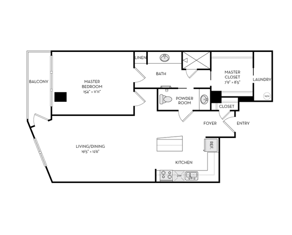 Chic floor plan showcasing a spacious master bedroom with private balcony, open living and dining area, modern kitchen, and convenient laundry room.