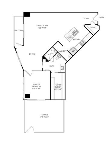 Elegant floor plan showcasing 1-bedroom, gourmet kitchen, spacious living room, and expansive terrace.
