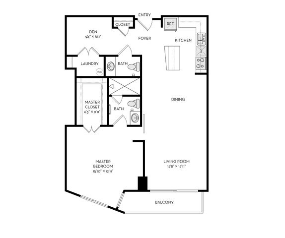 Modern floor plan featuring a master bedroom with balcony access, a cozy den, spacious living and dining areas, and a well-equipped kitchen.