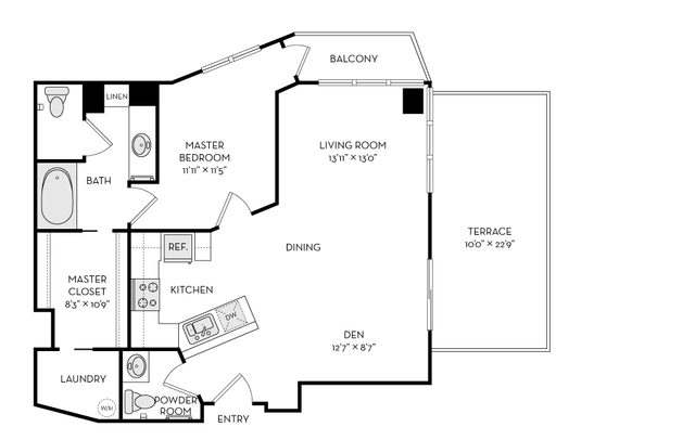 Modern floor plan featuring a spacious master bedroom with ensuite bath, open-concept living and dining area, stylish kitchen, cozy den, convenient laundry, and expansive terrace perfect for outdoor relaxation.