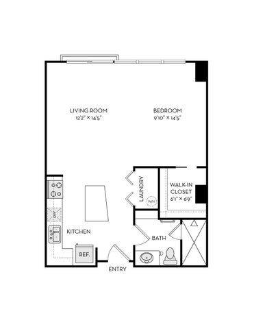 Modern apartment floor plan showcasing a spacious living room, one bedroom, and a stylish kitchen, complete with laundry area and walk-in closet.