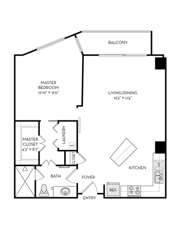 Elegant floor plan with a spacious master bedroom, open living/dining area, modern kitchen, and private balcony.