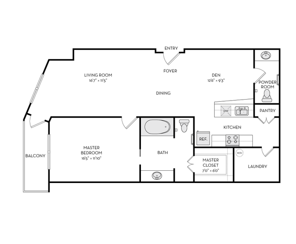 Elegant floor plan featuring a spacious living room, master bedroom with balcony access, modern kitchen, den, and convenient laundry area.
