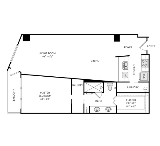 Elegant floor plan showcasing a spacious master bedroom, living room, and balcony with a modern kitchen and dining area.