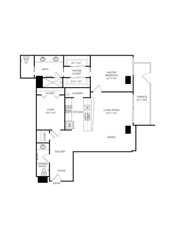 Chic floor plan showcasing a spacious master bedroom, open kitchen and living area, study, and large terrace.