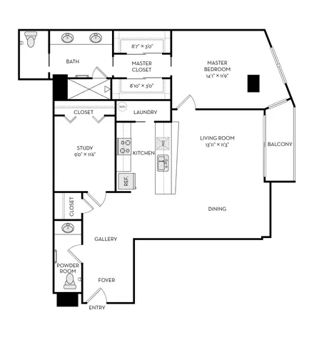 Elegant floor plan featuring a spacious master bedroom, study, and open-concept living and dining area with balcony.