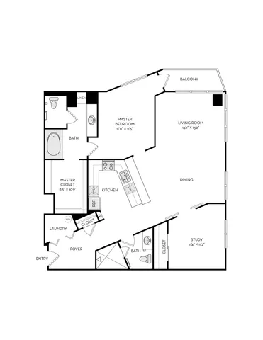 Sophisticated floor plan showcasing a master bedroom, spacious living room with balcony, modern kitchen, study, and convenient laundry area.